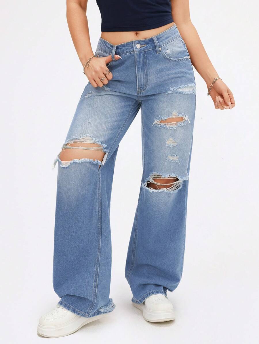 SHEIN ICON Vaqueros informales, de pierna ancha y ajuste holgado con bolsillo, con desgaste para mujeres - Lavado ligero - Ver 1