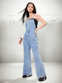 SHEIN EZwear Women's Denim Overall And Jumpsuit, Casual Fitted Strap Jumpsuit Flare Pants, Blue
