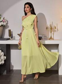 Modelyn Vestido con estampado floral, cuello de pie asimétrico para los hombros de la mujer, estilo romántico, elegante y encantador, para la primavera