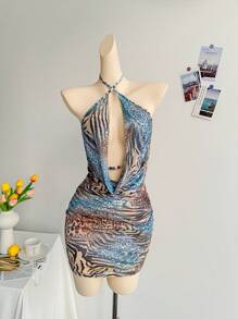 Soleia 休闲度假西部海滩婚礼宾客服装、毕业典礼、早午餐、圣帕特里克节春假、复活节、音乐节优雅波西米亚热带性感深垂领豹纹迷你连衣裙，春夏 - 綠色 - 查看 1