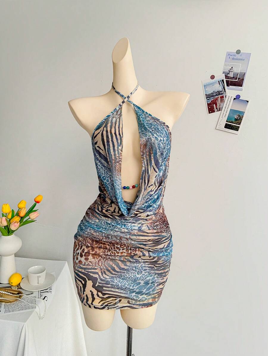 Soleia 休闲度假西部海滩婚礼宾客服装、毕业典礼、早午餐、圣帕特里克节春假、复活节、音乐节优雅波西米亚热带性感深垂领豹纹迷你连衣裙，春夏 - 綠色 - 查看 1