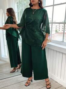 Reflora 2pcs Plus Size Elegant Jacquard Blouse And Pants Suit For Work,Summer Outfits For Women,Business Casual Woman - Dark Green - View 5