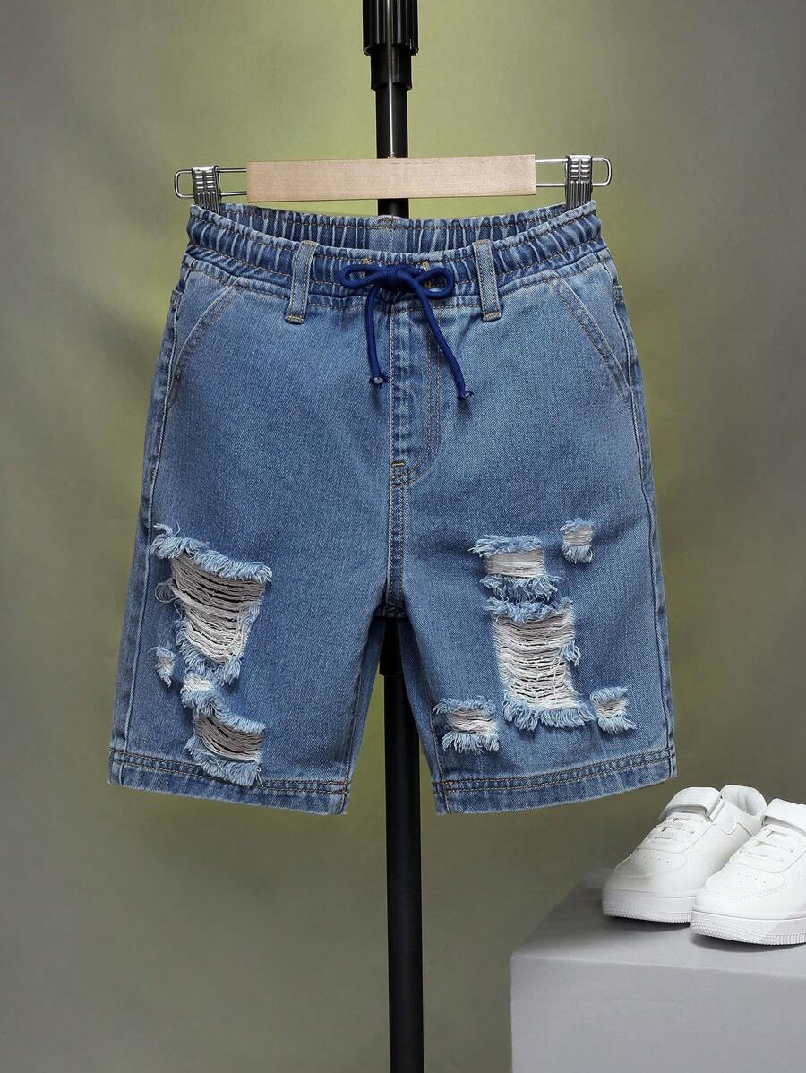 SHEIN Tween Boy's Casual Washed Ripped Denim Shorts, Summer - Dark Wash - View 1