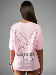 Missguided x Playboy Racing Checkerboard Oversized T-Shirt Streetwear Casual Summer Festival Graphic Print Skater Urban Y2K Fashion Comfort