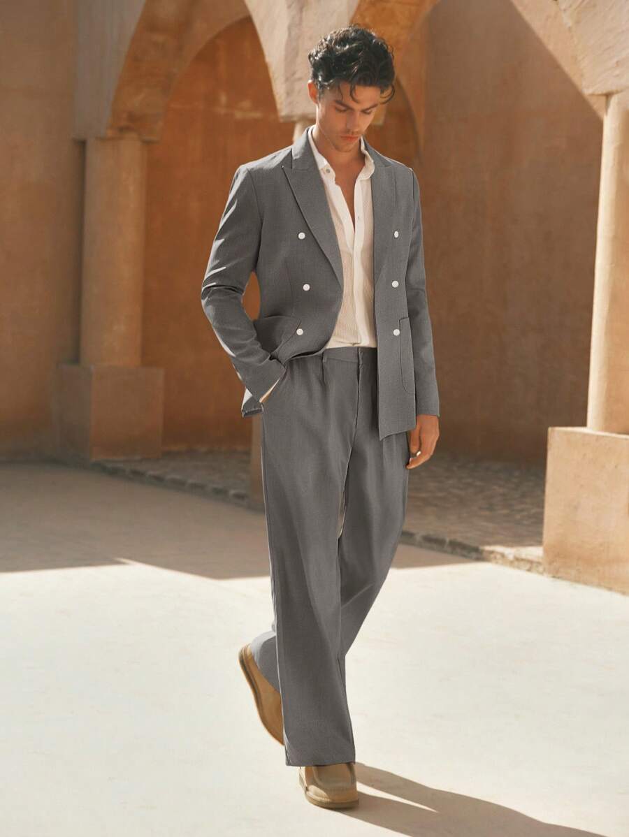 Manfinity VCAY 男士梭织休闲日常宽松长袖夹克和直筒裤两件套，年轻风格