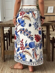 Weeklong Plus Size Summer Floral Print Wrap Tie-Side Skirt For Vacation
