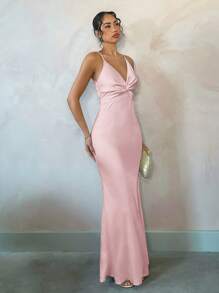 SHEIN BAE Váy Maxi Maxi hở lưng gợi cảm màu mơ trơn thanh lịch cho kỳ nghỉ bên bờ biển mùa hè, thích hợp cho hẹn hò hàng ngày, đi chơi đêm, hộp đêm, tiệc tùng, dạ hội, tiệc cocktail, tiệc hồ bơi, váy ngày lễ - Màu Hồng  San hô - Xem 5