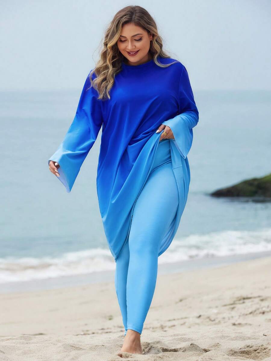 Swim Shayni 大码女式宽松舒适渐变色印花长袖超长连衣裙搭配高腰裤泳衣套装，端庄的中东海滩时尚 - 彩色 - 查看 1