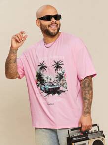 EASEVO Plus Size Men's Casual Knit Round Neck Short Sleeve Printed T-Shirt - Pink - View 2