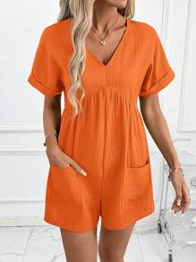 SHEIN Clasi Women's V-Neck Green Wave Print Short Sleeve Romper, Elegant Vacation & Daily Wear Jumpsuit - Orange - View 1
