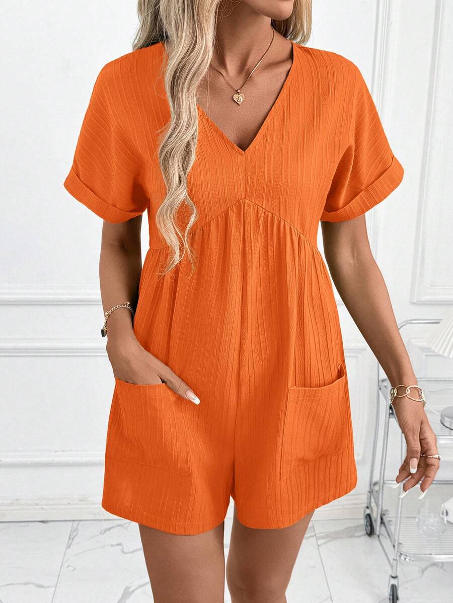 SHEIN Clasi Women's V-Neck Green Wave Print Short Sleeve Romper, Elegant Vacation & Daily Wear Jumpsuit - Orange - View 1