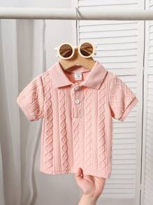 SHEIN Vintaside Kids 1pc Baby Boy Gray-Blue Color Knitted Short Sleeves Polo Shirt. Made Of Special Textured Knit Fabric With Unique Weaving Pattern, Has Snap Button At Neckline For Easy On/Off, Ribbed Cuffs. Suitable For Spring/Summer, Shirt,6M-3T Brand Baby Baby Boy Polo