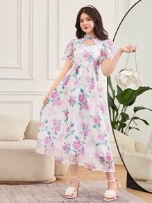 SHEIN 少女优雅、派对、迷人、旅行花卉印花镂空灯笼袖拼布欧根纱连衣裙 - 白色 - 查看 5