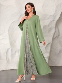 SHEIN Lacomfia Traditional Print Patchwork Pleated Loose Arabic Style Dress, Modest - Green - View 4