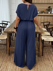 SHEIN Clasi Plus Size Summer Solid Color V-Neck Waisted Jumpsuit - Navy Blue - View 2