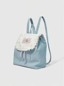 ROMWE Kawaii Cute Floral & Cartoon Print Romantic Bow Embroidered Lotus Splicing Women Fashion Backpack, Spring & Summer Girls Travel Rucksack, Suitable For Commuting, Outing - Blue - View 4