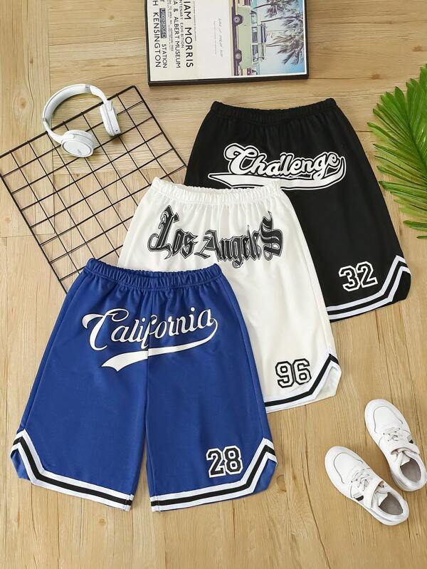 3pcs Teenage Boys' Summer Outdoor Sports Striped Patchwork Letter Print Multi-Color Running Shorts
