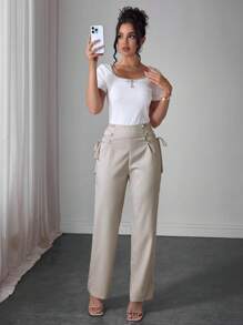 Modelyn 女式侧系腰喇叭直筒裤 - 米色 - 查看 3