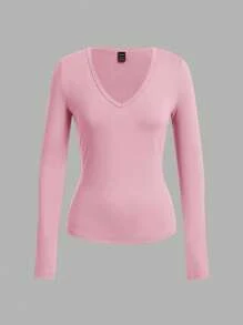 SHEIN EZwear 3件套女士深V领紧身休闲长袖T恤套装，黑色/粉色/白色，适合秋冬 - 彩色 - 查看 12