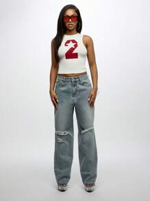 SUMWON WOMEN Top deportivo sin mangas con estampado de número de university, top corto acanalado de 2 piezas para entrenamiento, gimnasio y fitness de verano - Blanco - Ver 3