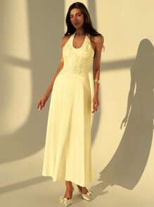 Aloruh Halter Tie-Up Deep V Sleeveless Bodycon Lace Patchwork Color-Block Dress For Women,Graduation Dresses,Butter Yellow Dress - Yellow - View 6