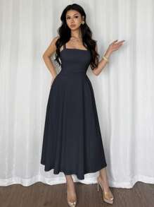 Firerie Váy dài vừa phải dáng chữ A, mùa hè, vải voan xếp nếp màu vàng, thiết kế tối giản thanh lịch dành cho nữ đi biển - Màu xanh hải quân - Xem 4