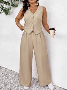 SHEIN Frenchy Conjunto de chaleco y pantalones para mujer de talla grande, de moda y casual para primavera/verano, nuevo conjunto de 2 piezas con textura en color albaricoque, atuendo casual de negocios para mujer