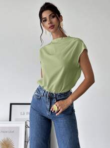 Firerie Women's Minimalist Elegant Office Commuting Outfit White Stand Collar Asymmetric Shoulder Pleated Fitted Shirt