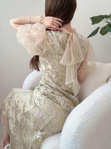 FRIFUL Women's Vacation Feminized Full Lace Mermaid Bowknot Belted Slim Solid Cream Yellow Dress, Women's Summer Women Dresses Birthday Women Birthday Women Casual Dress Women Clothes Summer Clothes Prom Dress - Apricot - View 2
