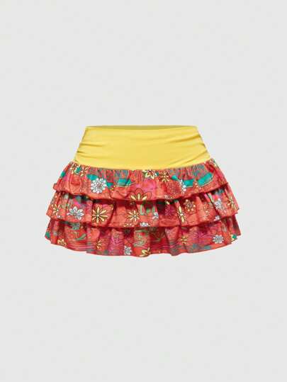 ROMWE Avant Y2K Summer Sexy Low Waist Cake Skirt Orange Women's Mini Skirt For Beach Resort