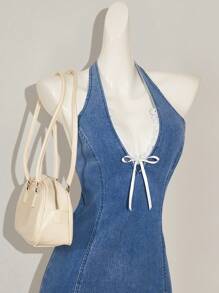 SHEIN MOD Women Casual Halter Neck Mini Bodycon Denim Dress, Blue