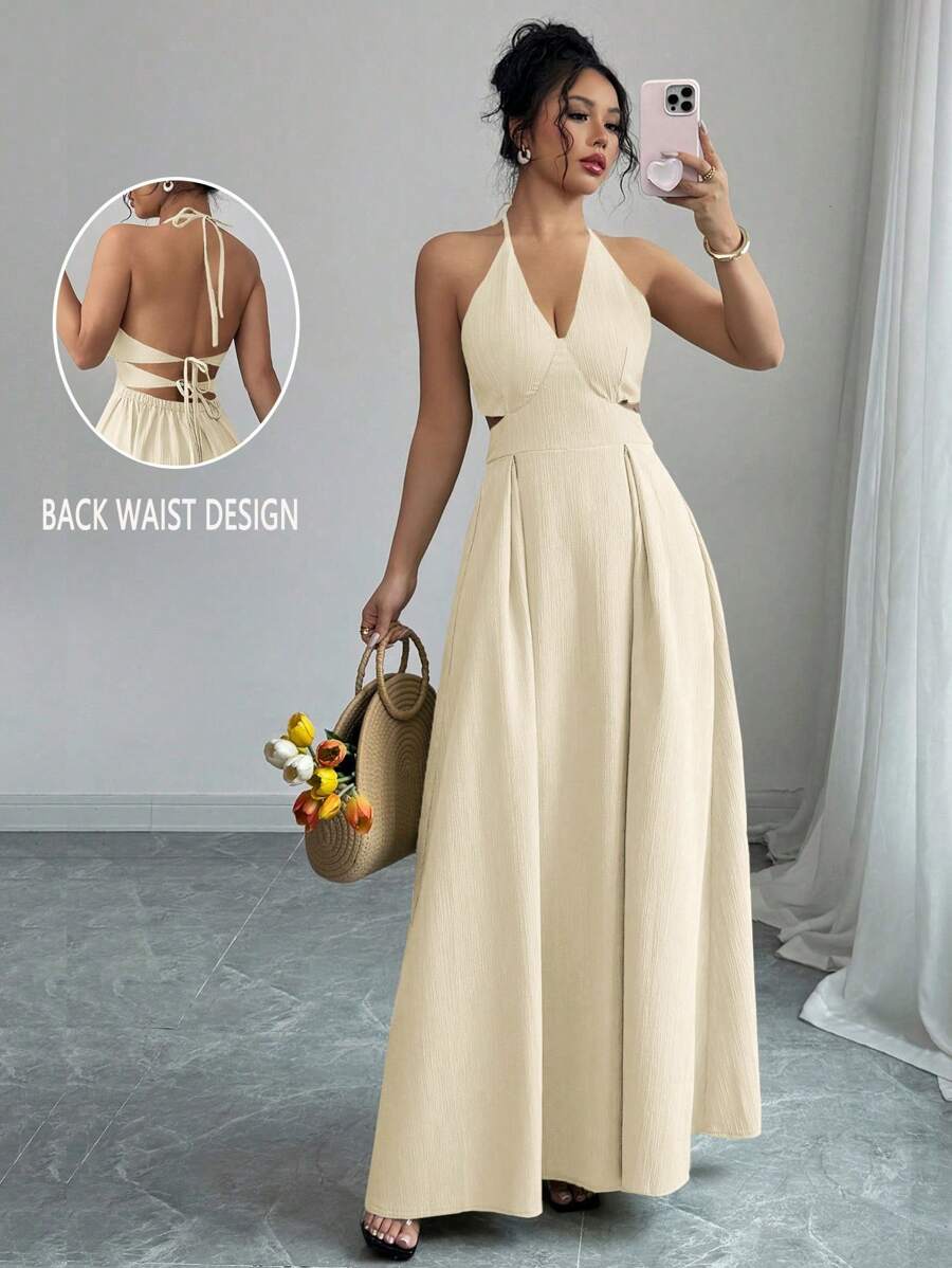 Elenzga Vestido de unicolor con escote en V profundo, espalda descubierta y cordones, estilo vacacional de verano - Albaricoque - Ver 1