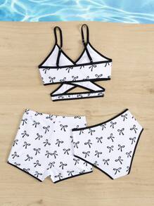 Girls' Simple Fashion Black Bow Printed White Base Tankini Swimsuit Set With Shorts And Briefs, Random Printed Pattern - White - View 2