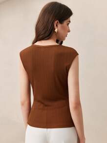 BizChic 女式秋季 V 领褶皱针织罗纹立领上衣，百搭，适合城市通勤、商务、休闲、圣诞节、万圣节派对、婚礼宾客服装 - 咖啡棕 - 查看 6