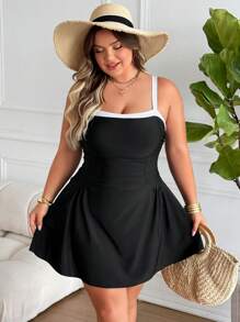 SHEIN CURVE+ Plus Size One-Piece Solid Color Patchwork Adjustable Strap Swimdress With High Waist Attached Swimshorts, Sexy & Elegant Beach Holiday Swimsuit For Women ,Tankini Swimsuit,Summer Outfits For Women