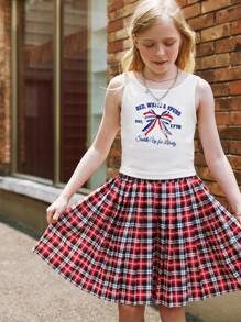 2Pcs/Set Girls Solid Color Camisole Top With Bow Print And Plaid Skirt Suit - White - View 2