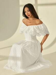 SHEIN PETITE 女士优雅镂空刺绣露肩夏装 - 彩色 - 查看 4