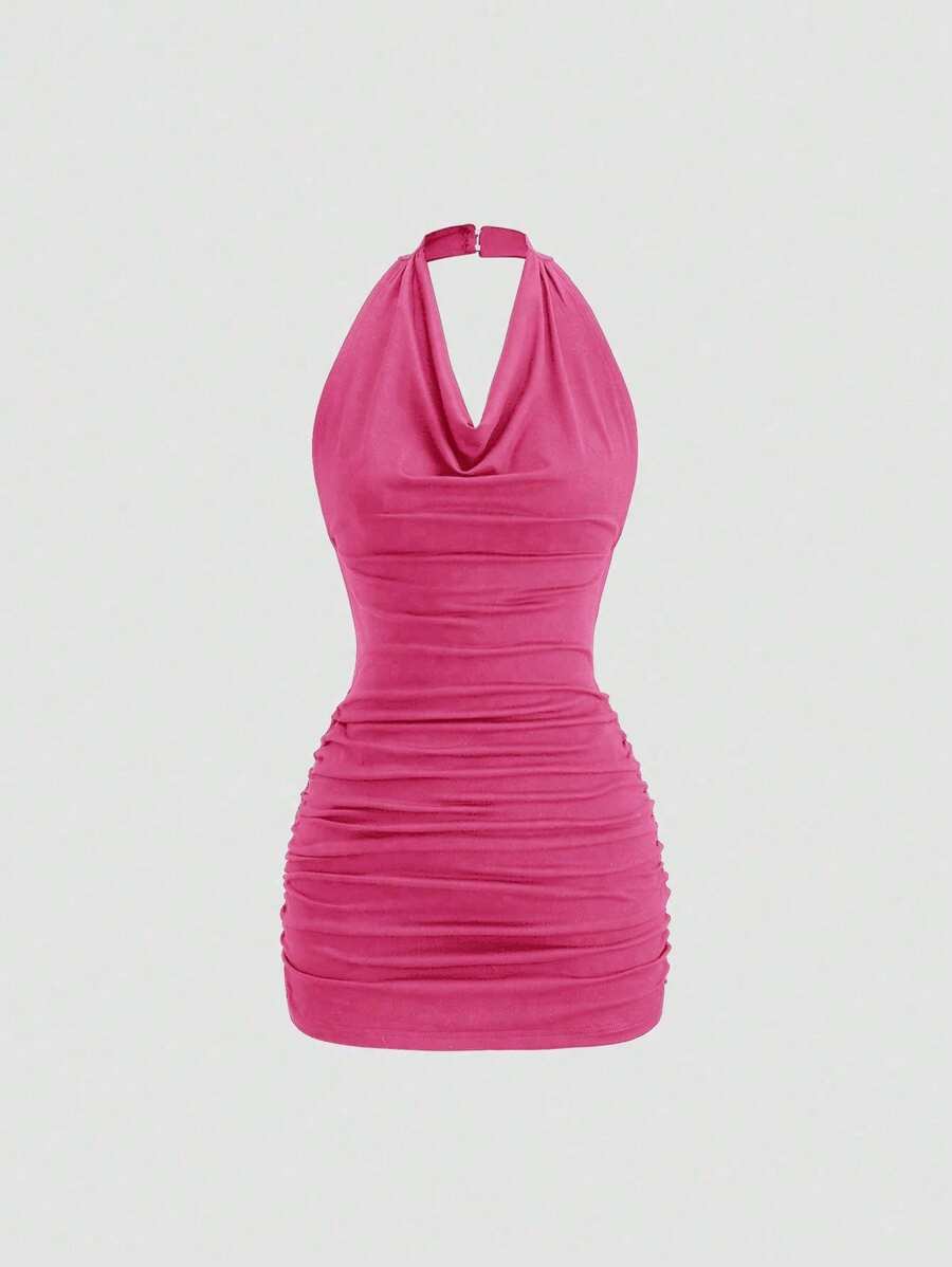 Sweetra Black Plunging Neck Backless Tie Up Sleeveless Sexy Bodycon Mini Dress - Hot Pink - View 1