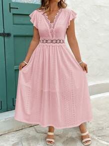 Vestido de primavera/verano para mujer de talla, vestido corte evasé con mangas de campana, cuello y cintura con encaje elástico jacquard blanco, vestidos de verano para mujer, vestido fluido - Rosa - Ver 5