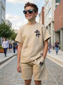 2pcs Tween Boys Casual Versatile Textured Mesh Fabric Round Neck Shorts Set, Suitable For Commuting, School, Daily Casual Wear, Sports, Spring/Summer - Khaki - View 7