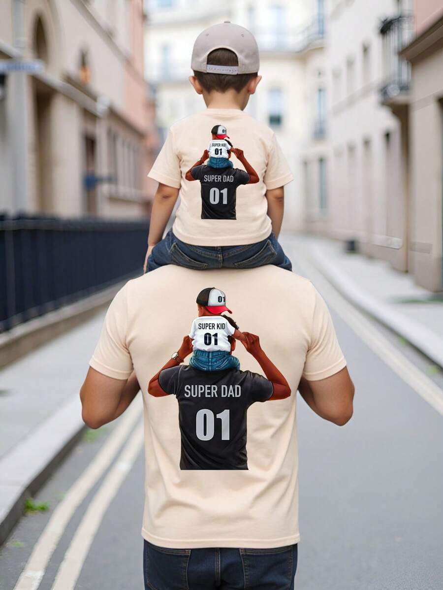 SHEIN Camiseta informal con estampado de la silueta de un jinete que llega al corazón para el Día del Padre, camiseta básica de manga corta para el tiempo libre - Albaricoque - Ver 1