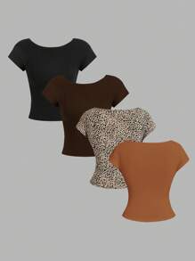 SHEIN Essnce 4 件套简约纯色豹纹圆领露背镂空紧身 T 恤，适合夏季女士 - 彩色 - 查看 2