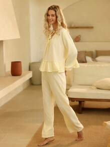 Deep V-Neck Drawstring Woven Loungewear Set For Women - Yellow - View 6