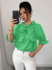 Elenzga Women's Frill Trim Bowknot Off Shoulder Blouse - Green - View 6