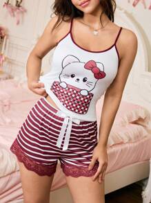 SweetSlumber 2pcs/Set Women Cute Cat Pattern Bowknot Pajama Set