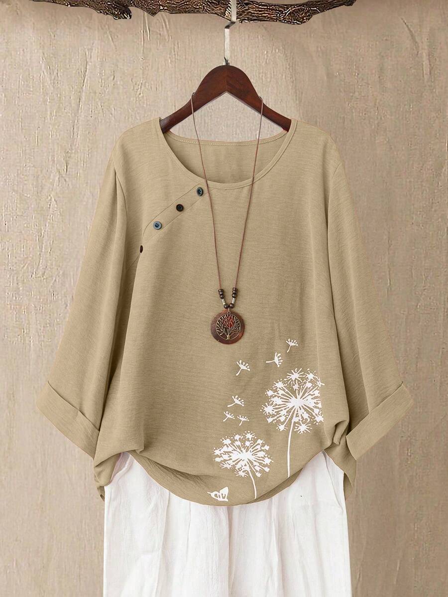 Linhara 大码女式花卉印花七分袖休闲衬衫,春夏季 - 薑色 - 查看 1