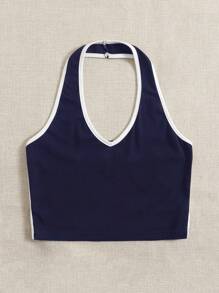 SHEIN EZwear Áo dệt kim màu xanh hải quân, không tay, cổ yếm, kiểu dáng thường ngày, thích hợp cho nữ dự lễ hội. - Màu xanh hải quân - Xem 4