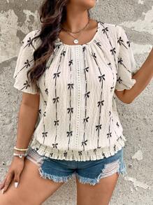 SHEIN LUNE Plus-Size Women'S Summer Mothers Day Bow Printed Crew Neck Short-Sleeved Blouse - Apricot - View 8