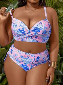 SHEIN Swim Curve Plus Size Women Random Print Padded Bra Removable Strap Two-Piece Swimsuit For Summer Beach Vacation - Multicolor - View 4
