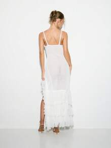 KIZN Vestito da spiaggia lungo di alta moda con maxi gonnellina in cotone lavorato a maglia e balze frangiare sul fondo, essenziale per vacanze, festival boho e luna di miele